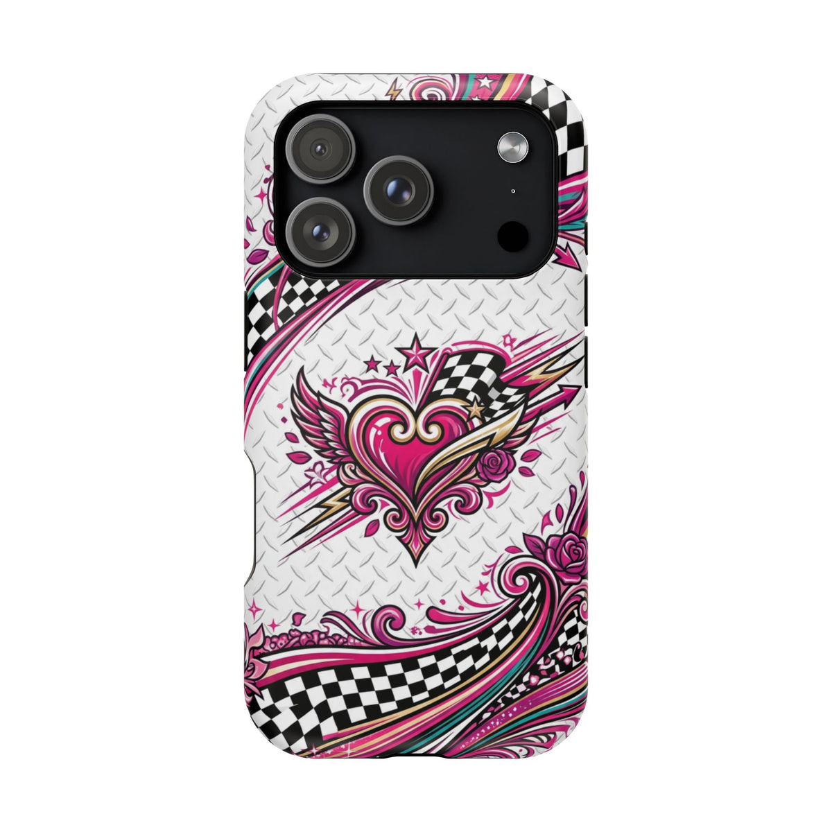 Magnetic Phone Case – Pink Paisley Heart & Checkerboard Design