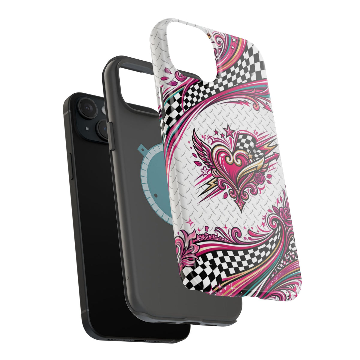 Magnetic Phone Case – Pink Paisley Heart & Checkerboard Design