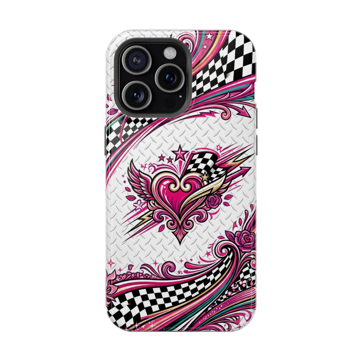 Magnetic Phone Case – Pink Paisley Heart & Checkerboard Design