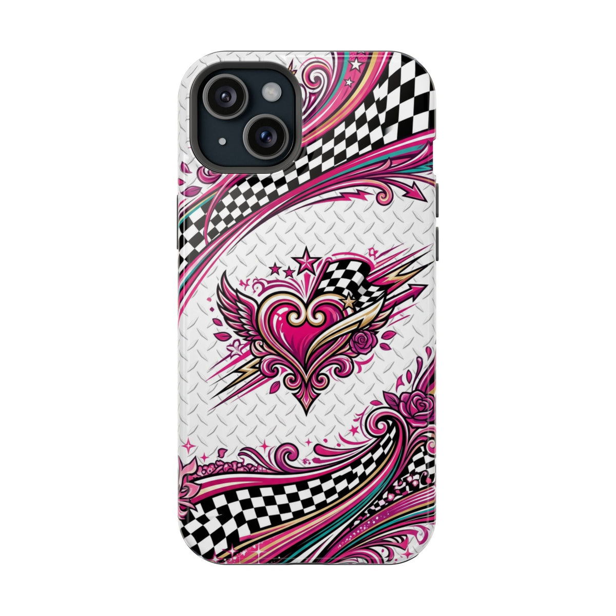 Magnetic Phone Case – Pink Paisley Heart & Checkerboard Design