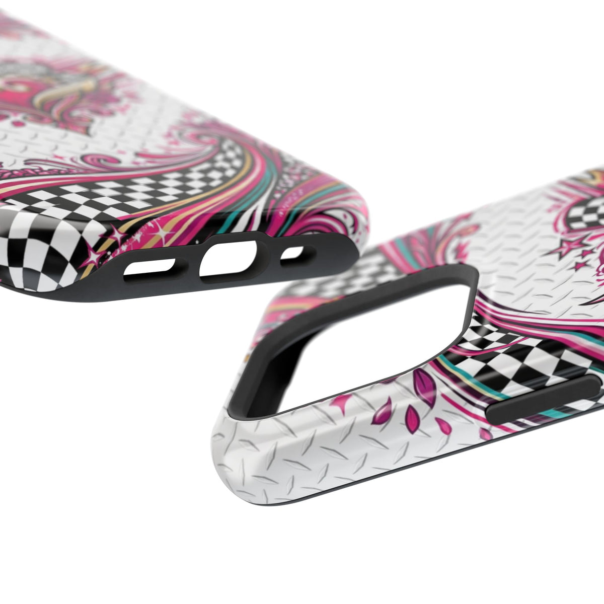 Magnetic Phone Case – Pink Paisley Heart & Checkerboard Design