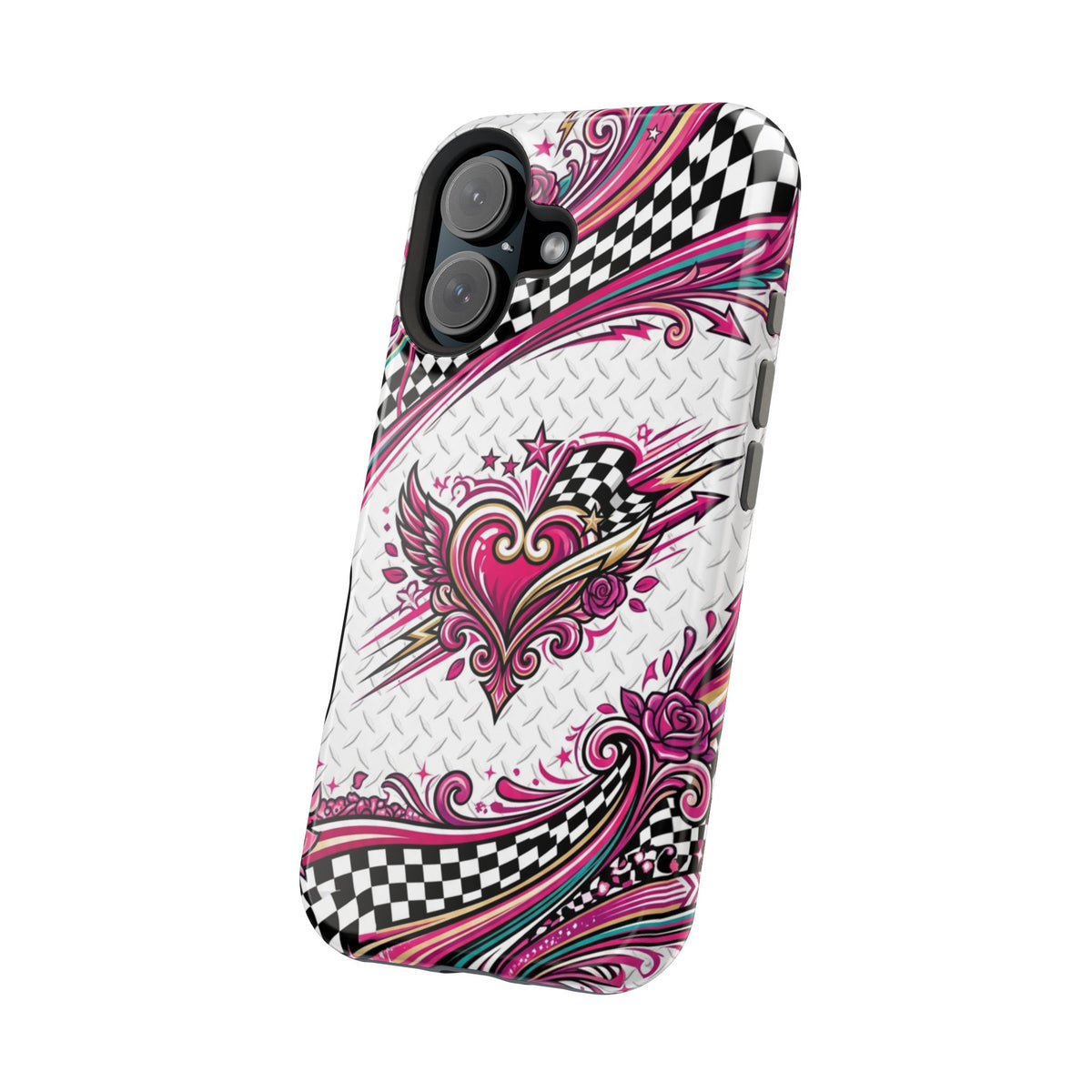 Magnetic Phone Case – Pink Paisley Heart & Checkerboard Design