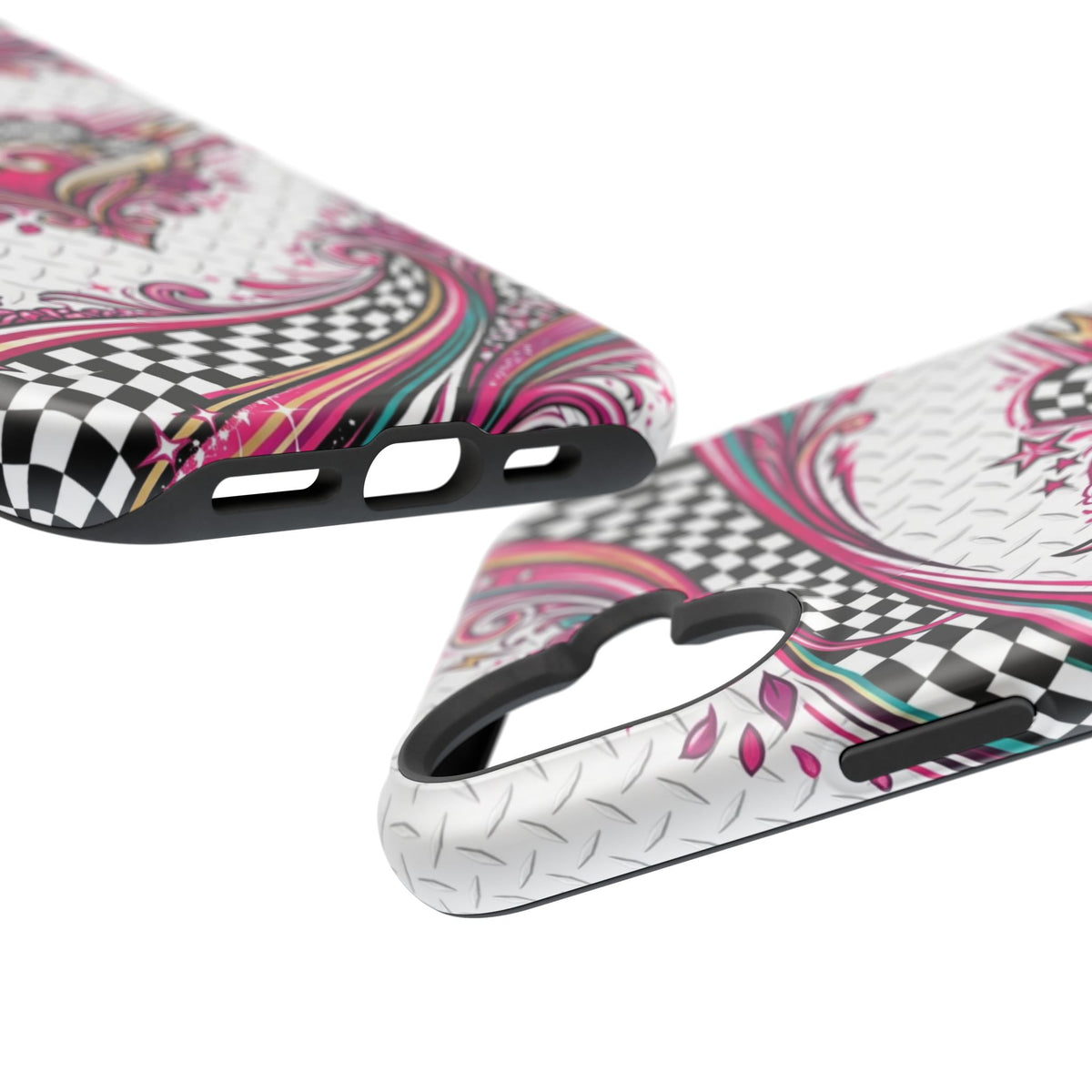 Magnetic Phone Case – Pink Paisley Heart & Checkerboard Design