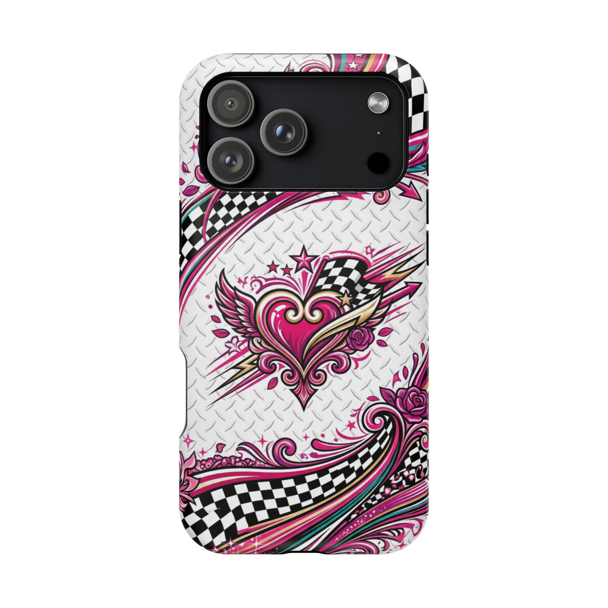 Magnetic Phone Case – Pink Paisley Heart & Checkerboard Design