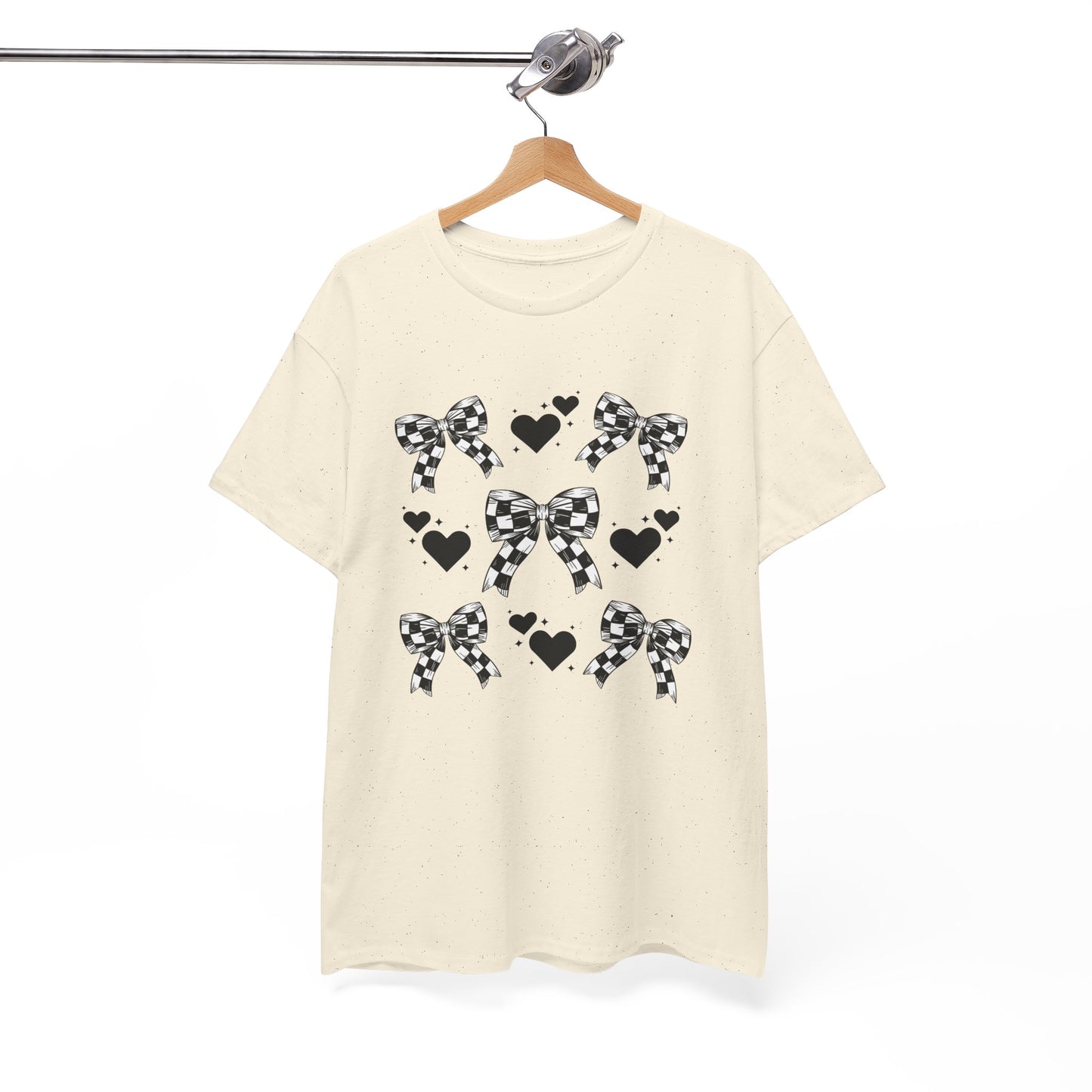 Checkered Flag Bows & Hearts Pattern Tee, Cute Graphic T-Shirt, Casual Wear, Gifts for Her, Everyday Style