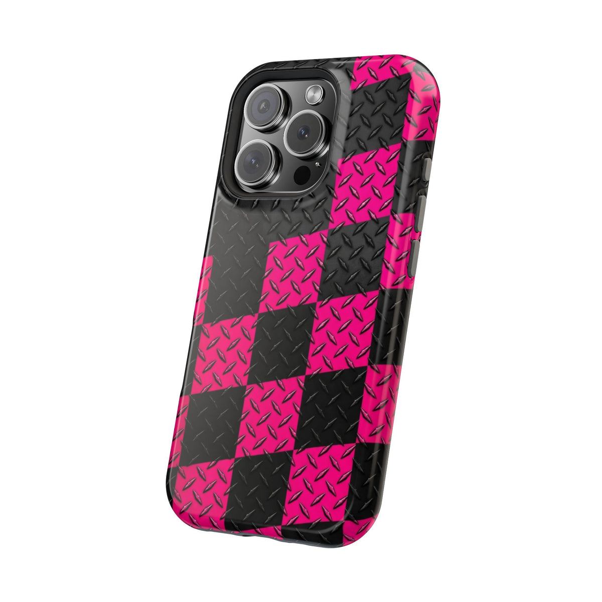 Hot Pink & Black Diamond Plate Checkered Magnetic Phone Case