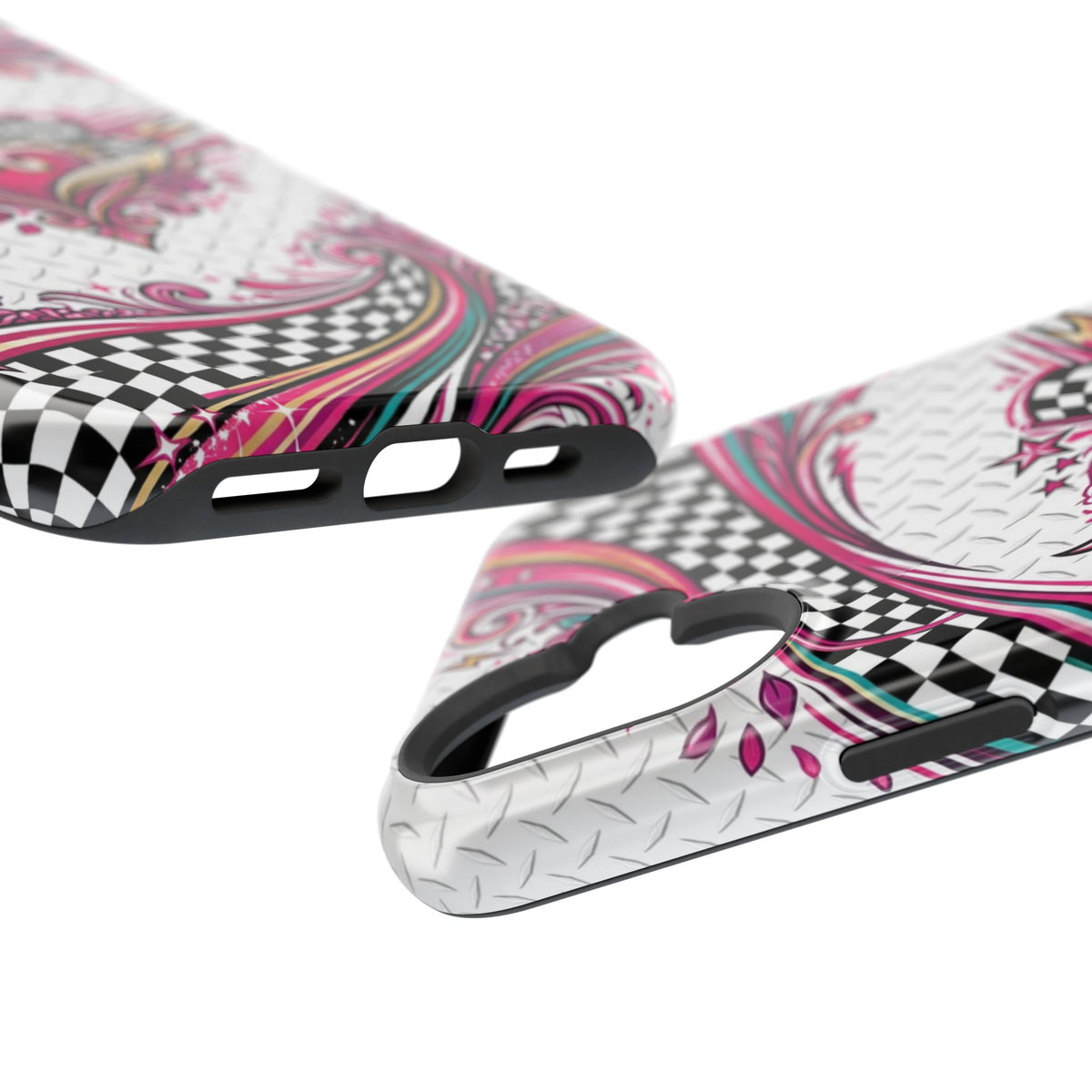 Magnetic Phone Case – Pink Paisley Heart & Checkerboard Design