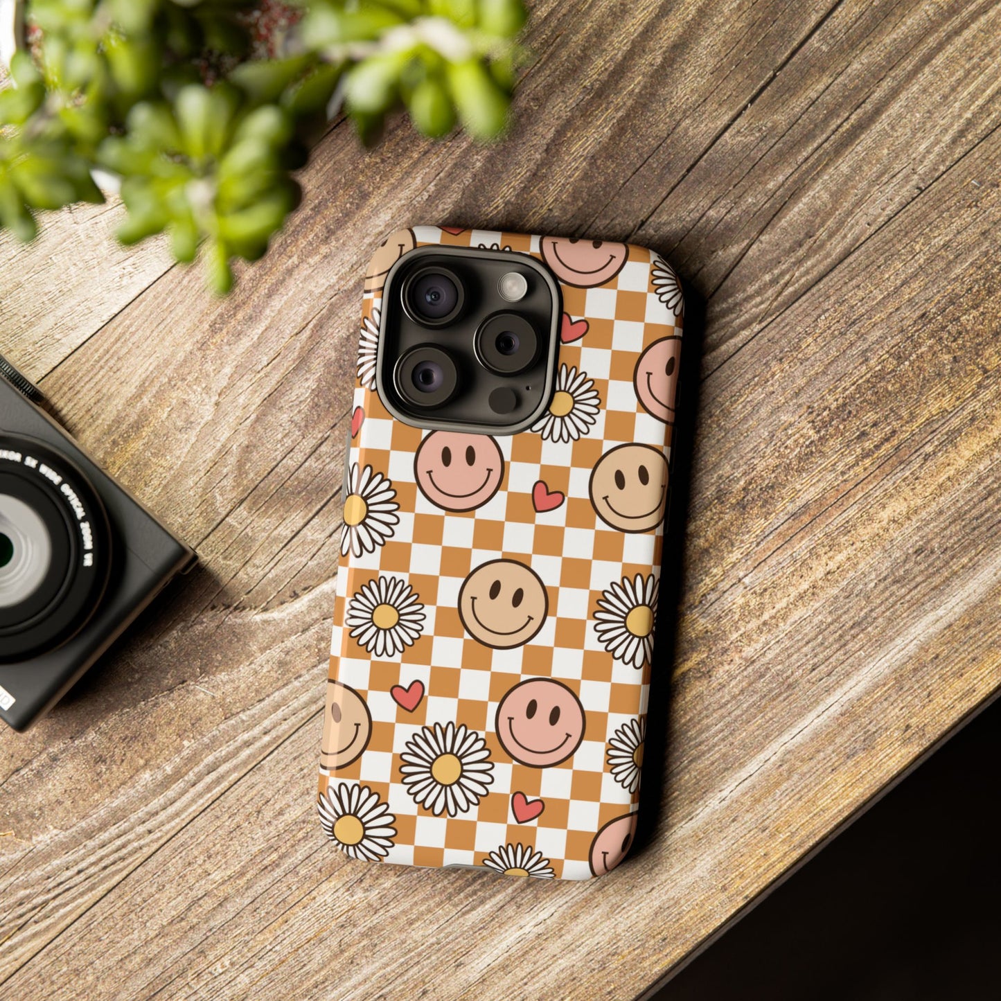 Checkerboard Happy Faces and Daisies, Cheerful Phone Cover Tough Case