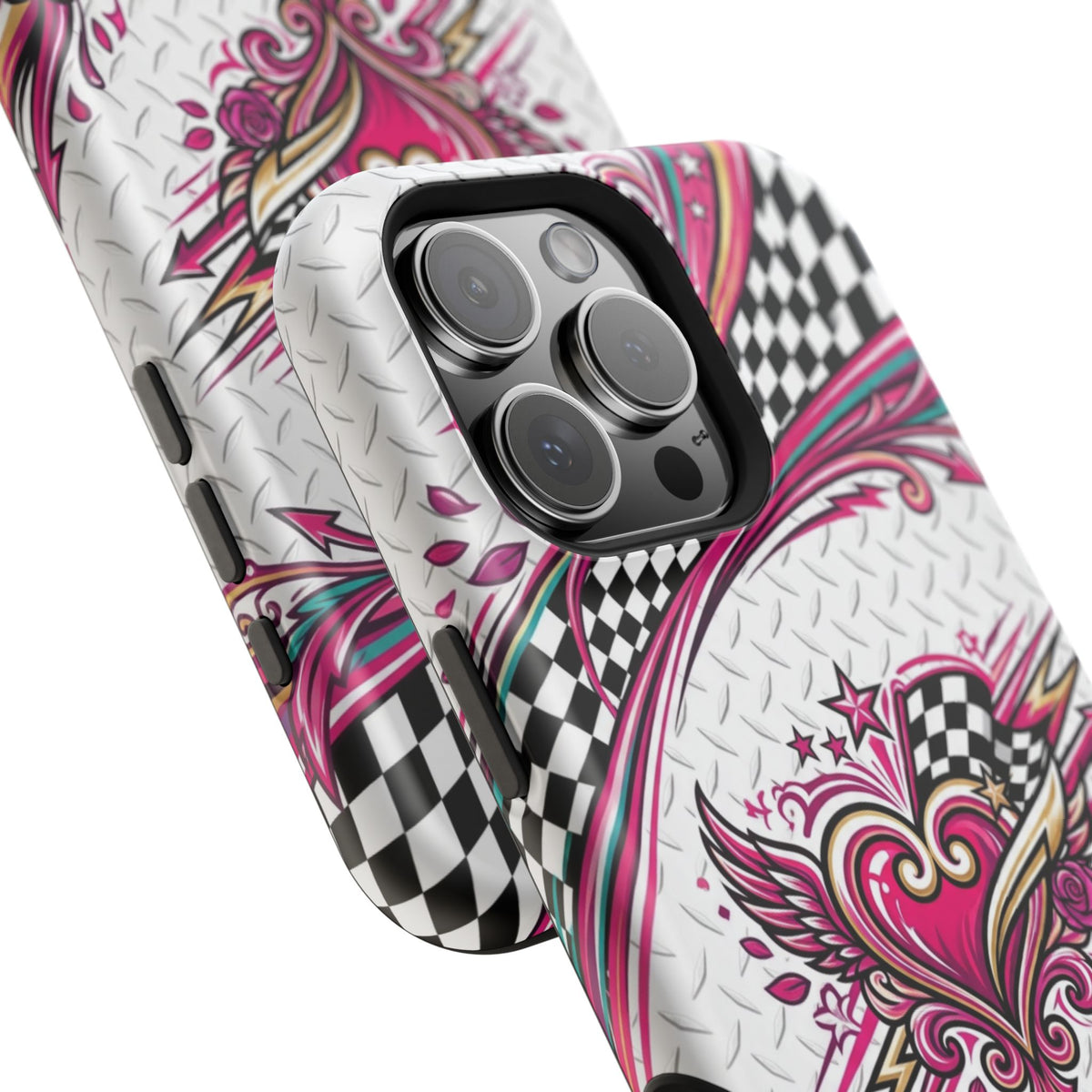 Magnetic Phone Case – Pink Paisley Heart & Checkerboard Design