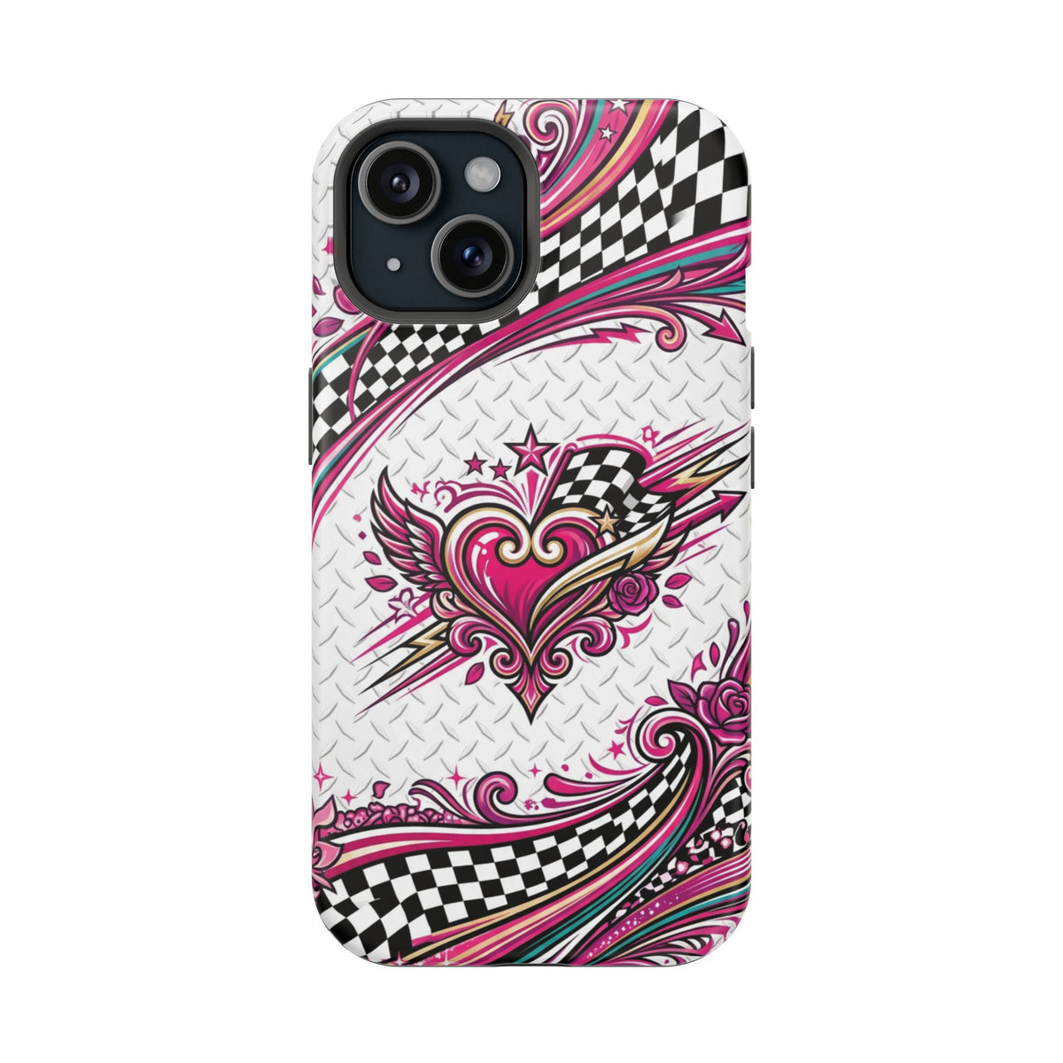 Magnetic Phone Case – Pink Paisley Heart & Checkerboard Design