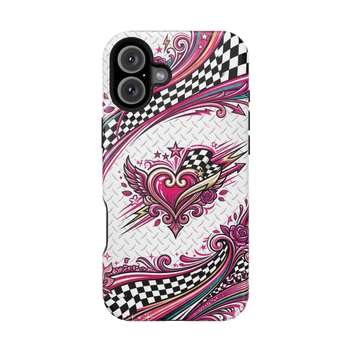 Magnetic Phone Case – Pink Paisley Heart & Checkerboard Design