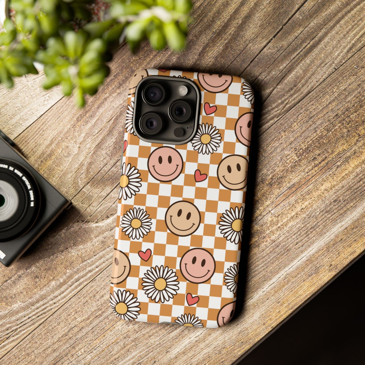 Checkerboard Happy Faces and Daisies, Cheerful Phone Cover Tough Case