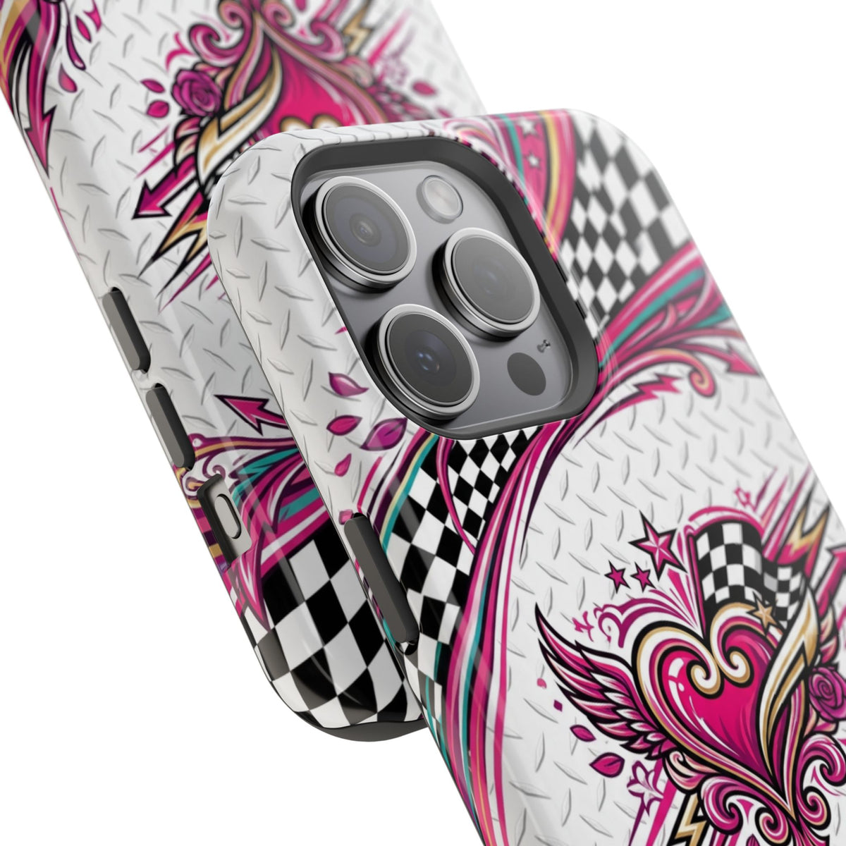 Magnetic Phone Case – Pink Paisley Heart & Checkerboard Design