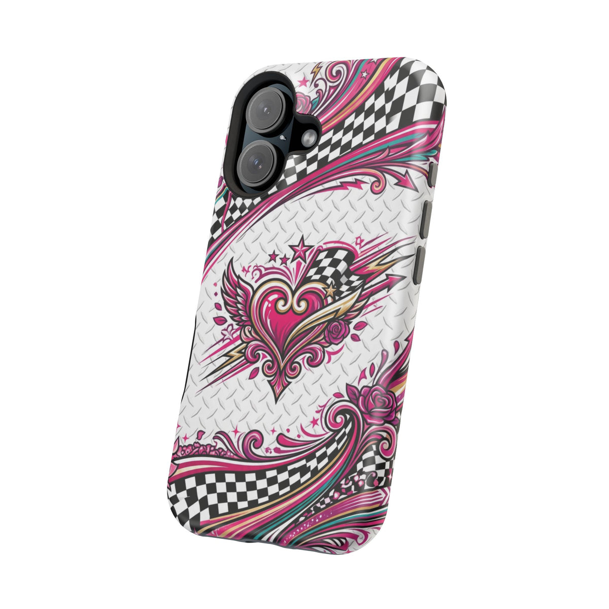 Magnetic Phone Case – Pink Paisley Heart & Checkerboard Design
