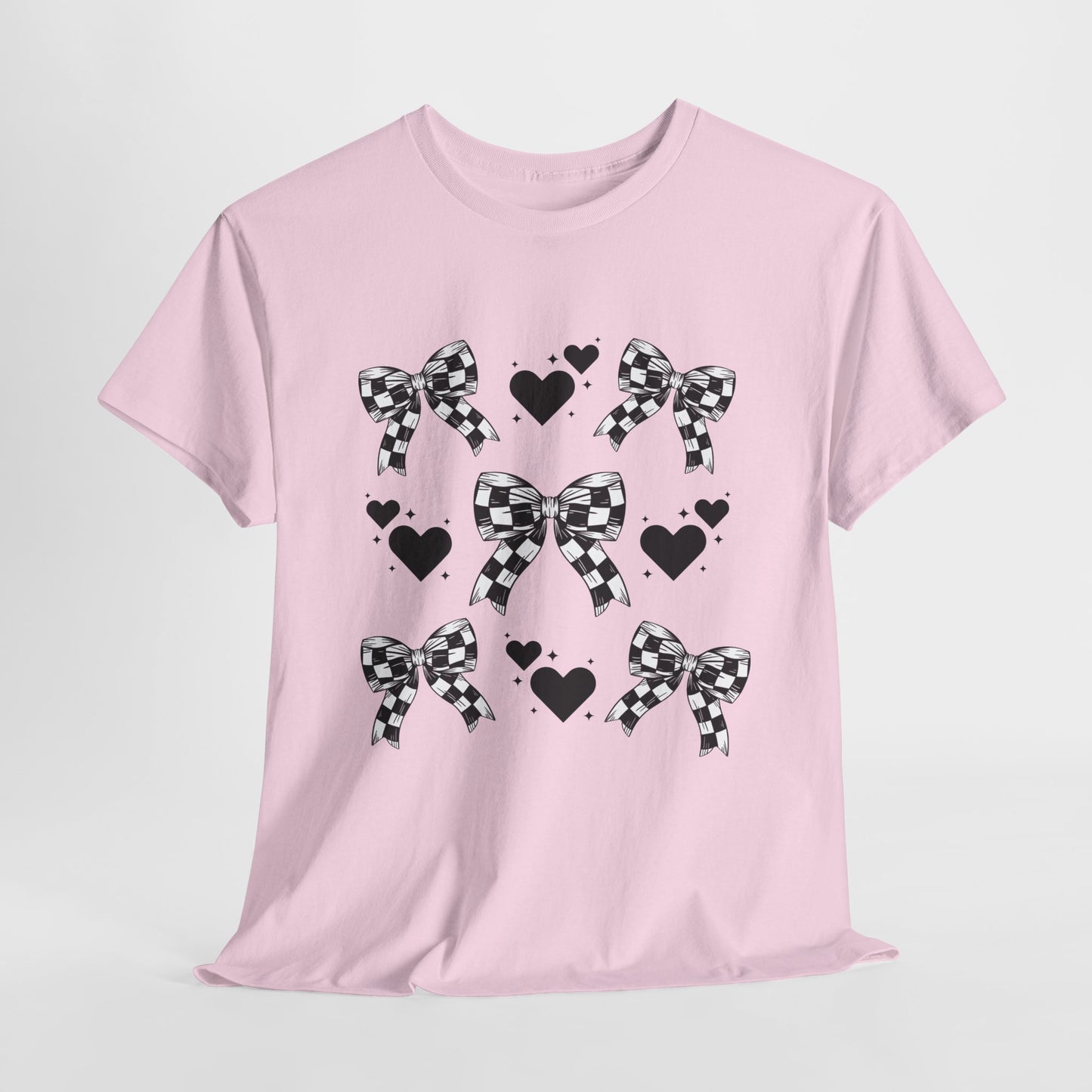 Checkered Flag Bows & Hearts Pattern Tee, Cute Graphic T-Shirt, Casual Wear, Gifts for Her, Everyday Style