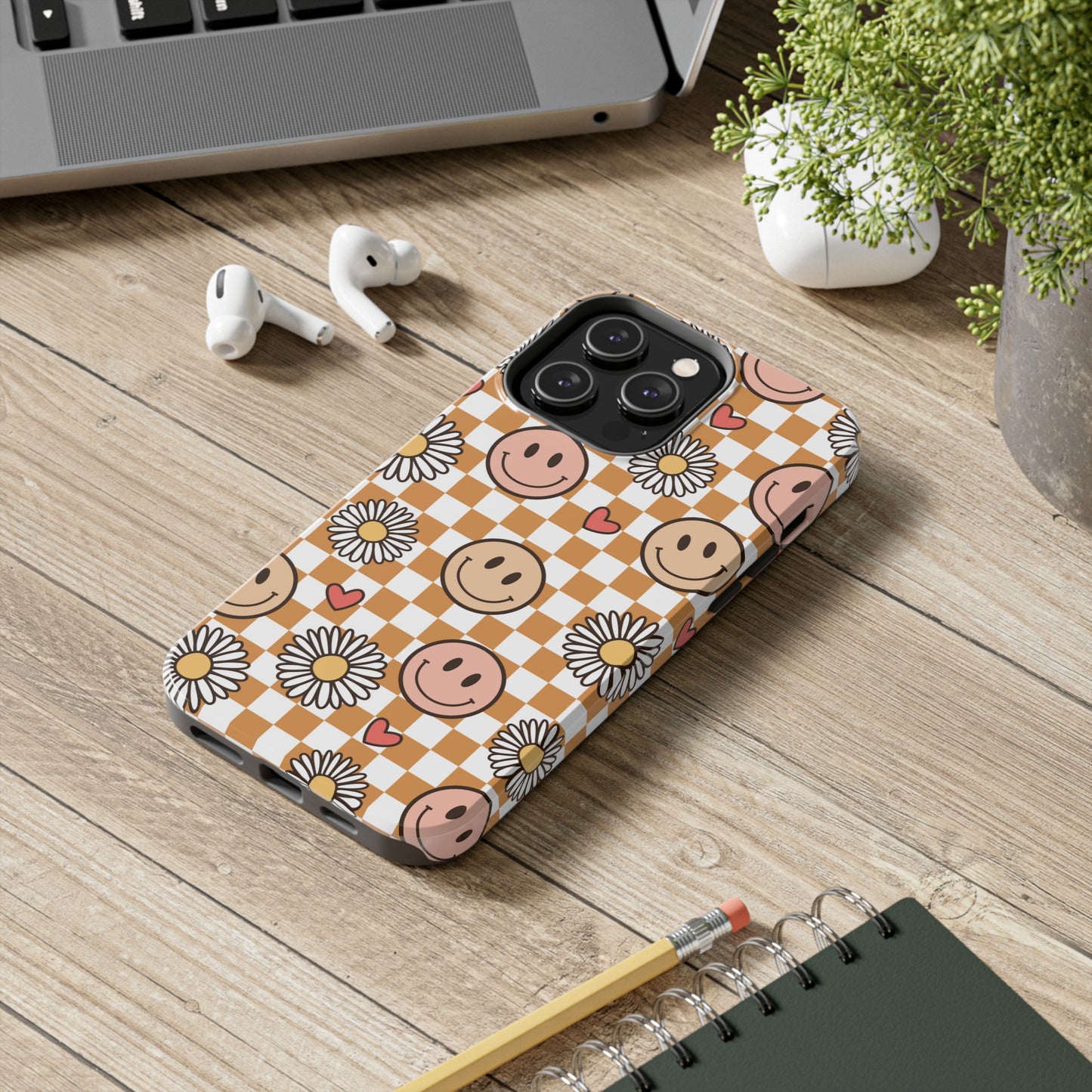 Checkered Happy Face And Daisey Tough Phone Cases