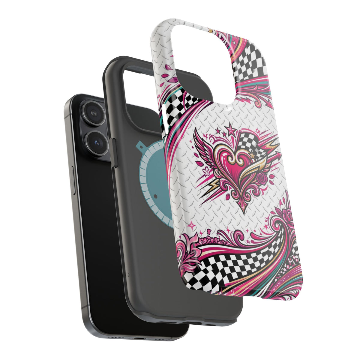 Magnetic Phone Case – Pink Paisley Heart & Checkerboard Design