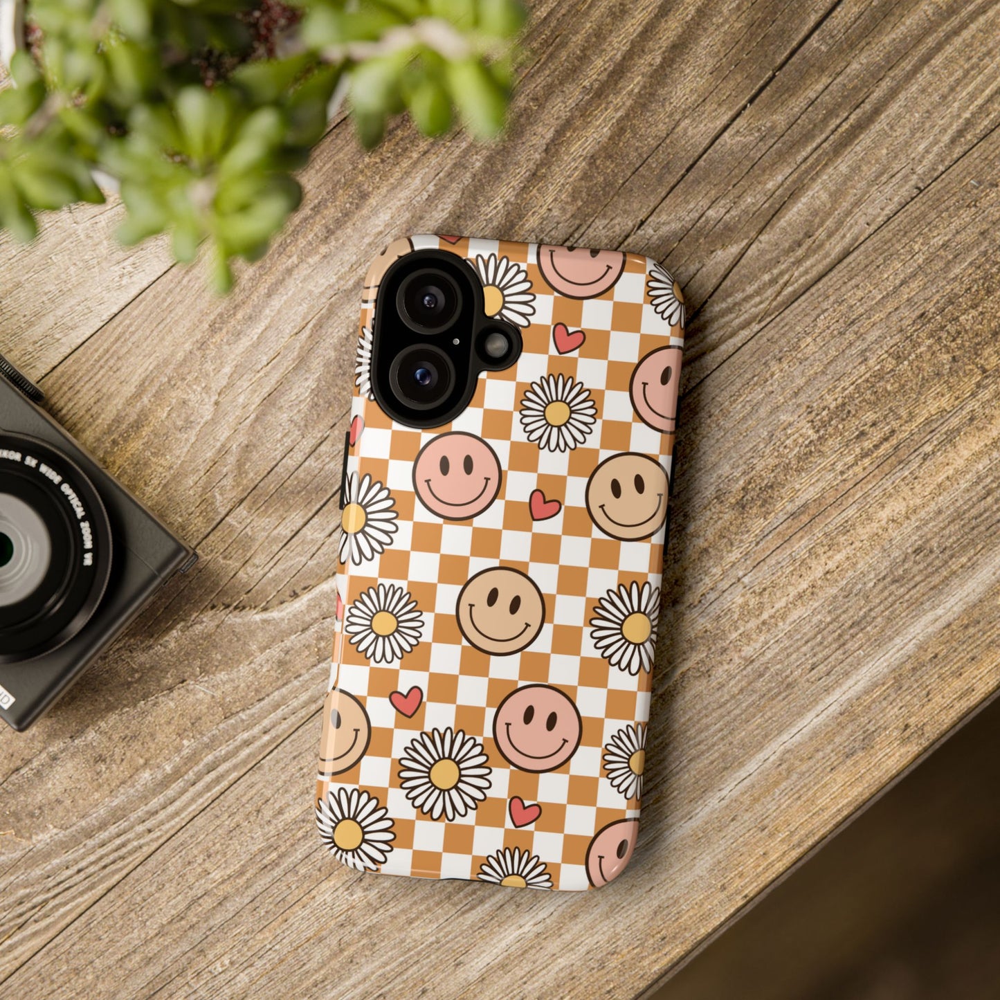 Checkerboard Happy Faces and Daisies, Cheerful Phone Cover Tough Case