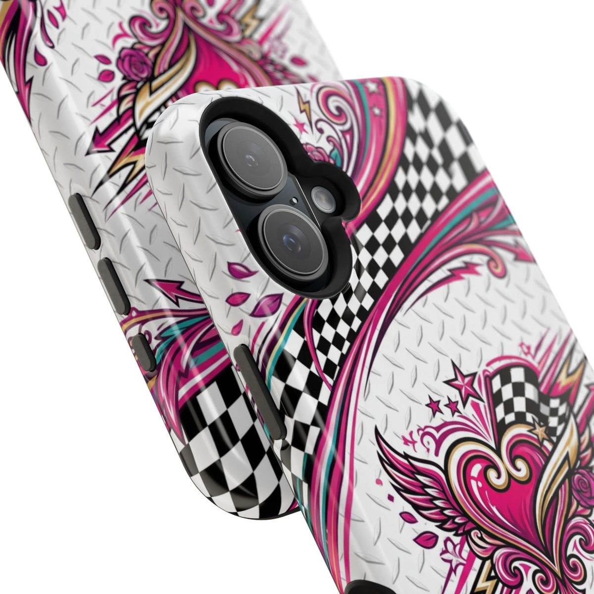 Magnetic Phone Case – Pink Paisley Heart & Checkerboard Design