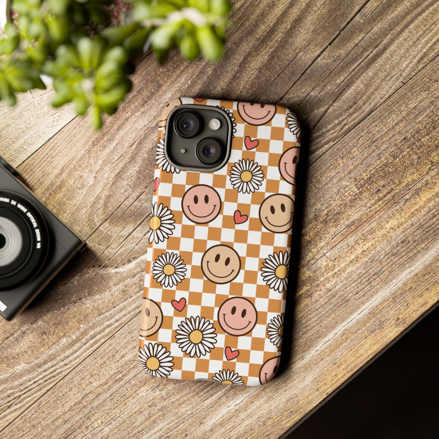 Checkerboard Happy Faces and Daisies, Cheerful Phone Cover Tough Case