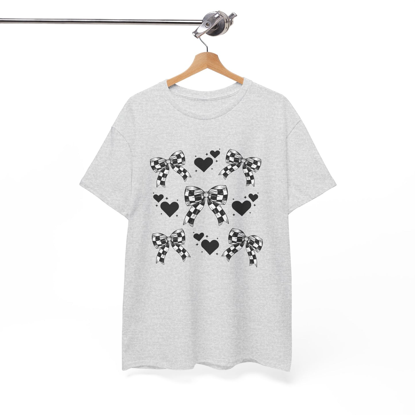 Checkered Flag Bows & Hearts Pattern Tee, Cute Graphic T-Shirt, Casual Wear, Gifts for Her, Everyday Style
