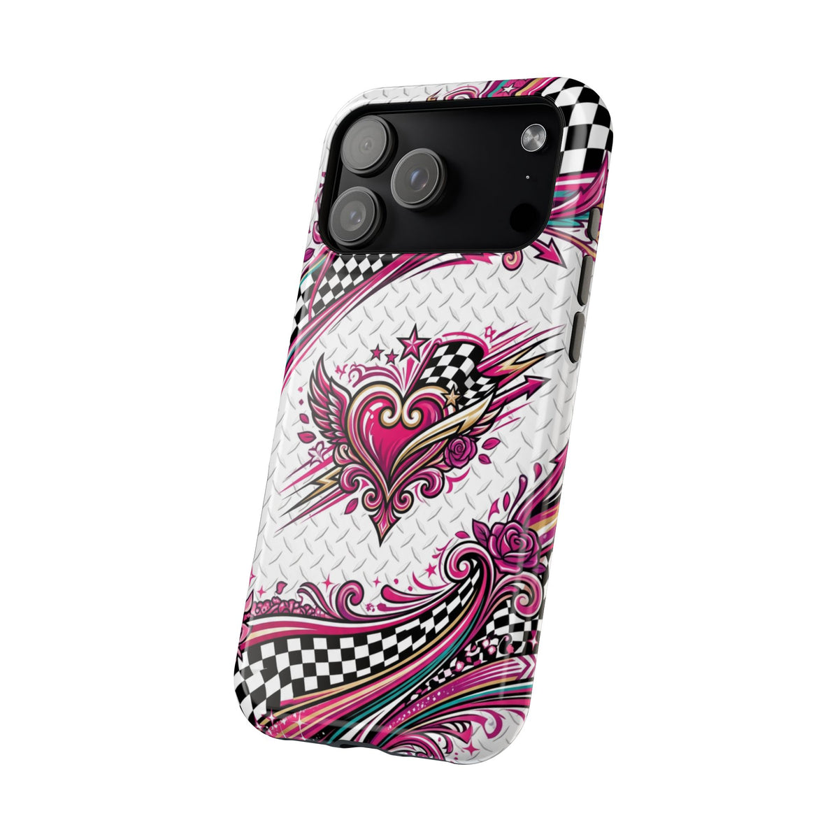 Magnetic Phone Case – Pink Paisley Heart & Checkerboard Design