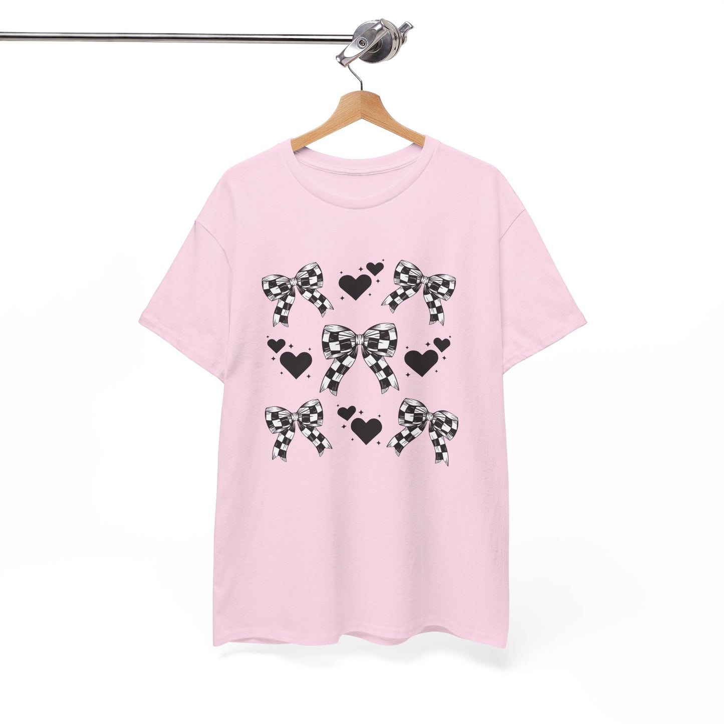 Checkered Flag Bows & Hearts Pattern Tee, Cute Graphic T-Shirt, Casual Wear, Gifts for Her, Everyday Style