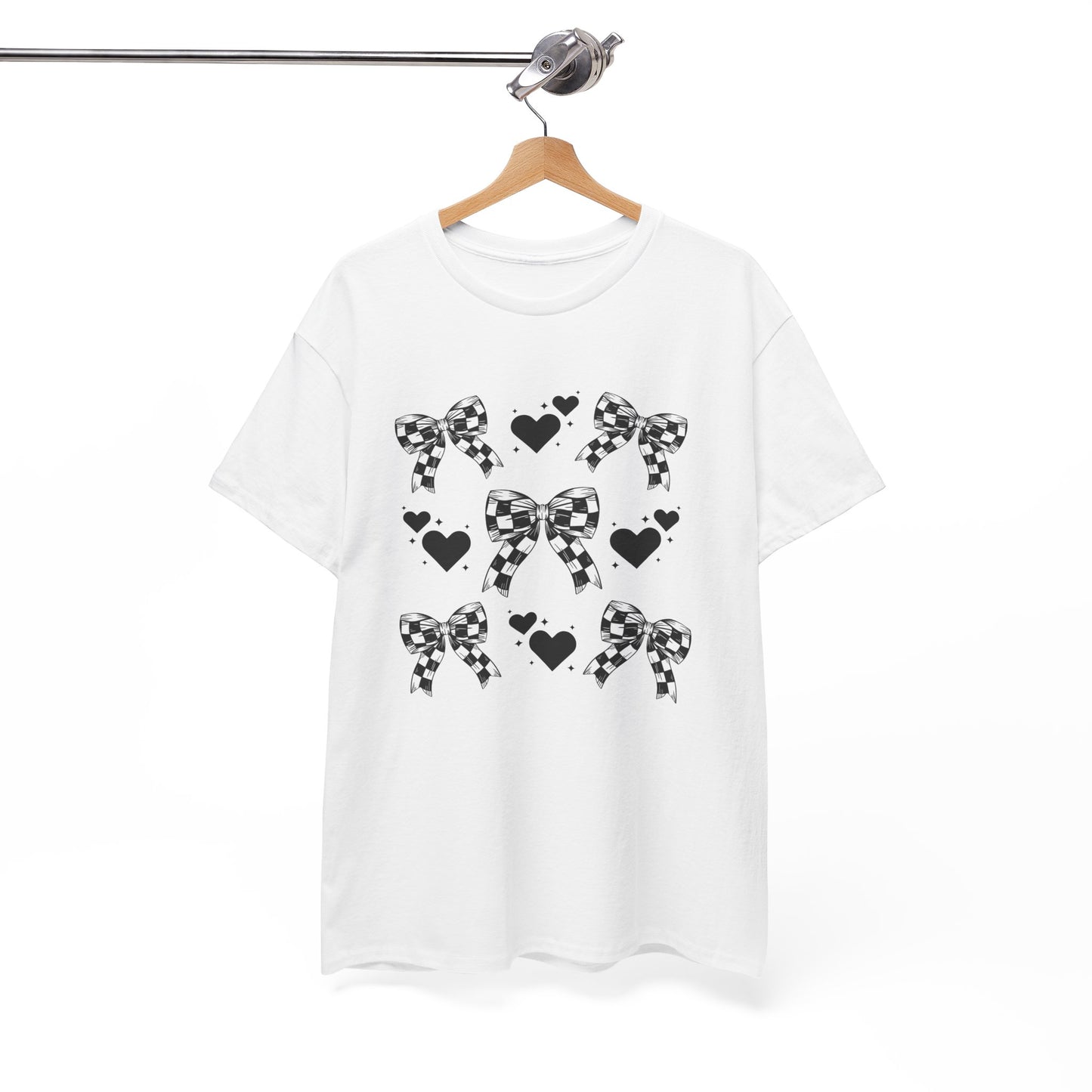 Checkered Flag Bows & Hearts Pattern Tee, Cute Graphic T-Shirt, Casual Wear, Gifts for Her, Everyday Style