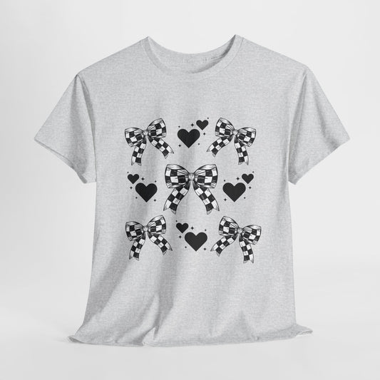 Checkered Flag Bows & Hearts Pattern Tee, Cute Graphic T-Shirt, Casual Wear, Gifts for Her, Everyday Style