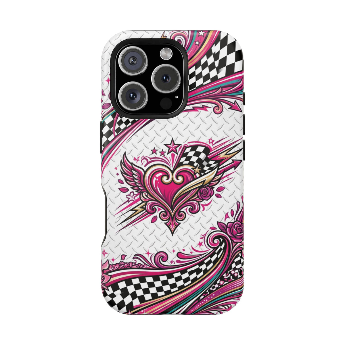 Magnetic Phone Case – Pink Paisley Heart & Checkerboard Design