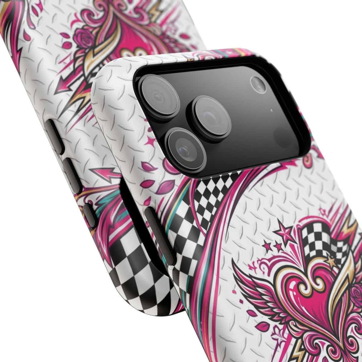 Magnetic Phone Case – Pink Paisley Heart & Checkerboard Design