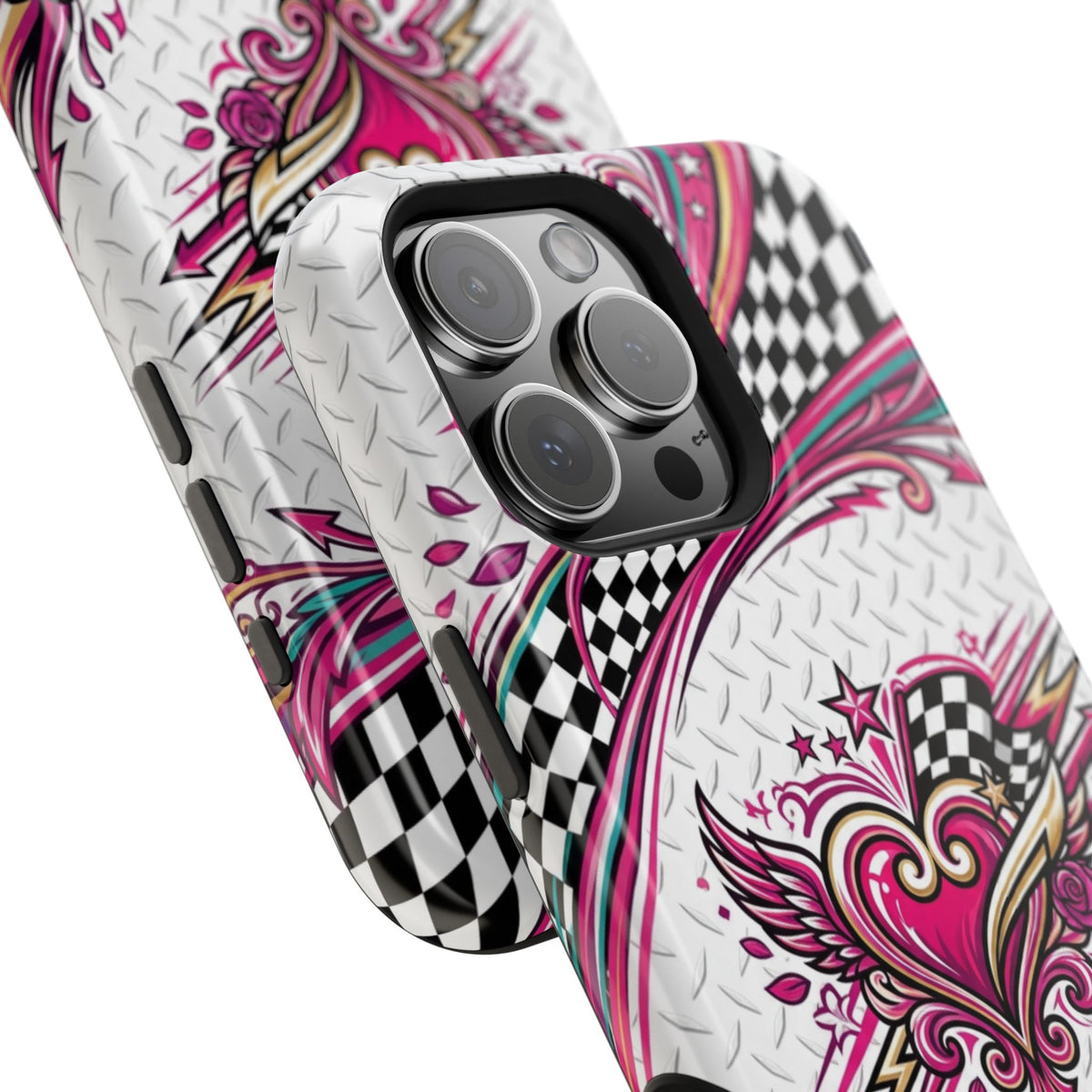 Magnetic Phone Case – Pink Paisley Heart & Checkerboard Design