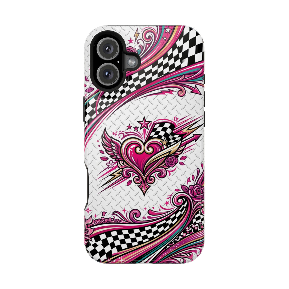 Magnetic Phone Case – Pink Paisley Heart & Checkerboard Design