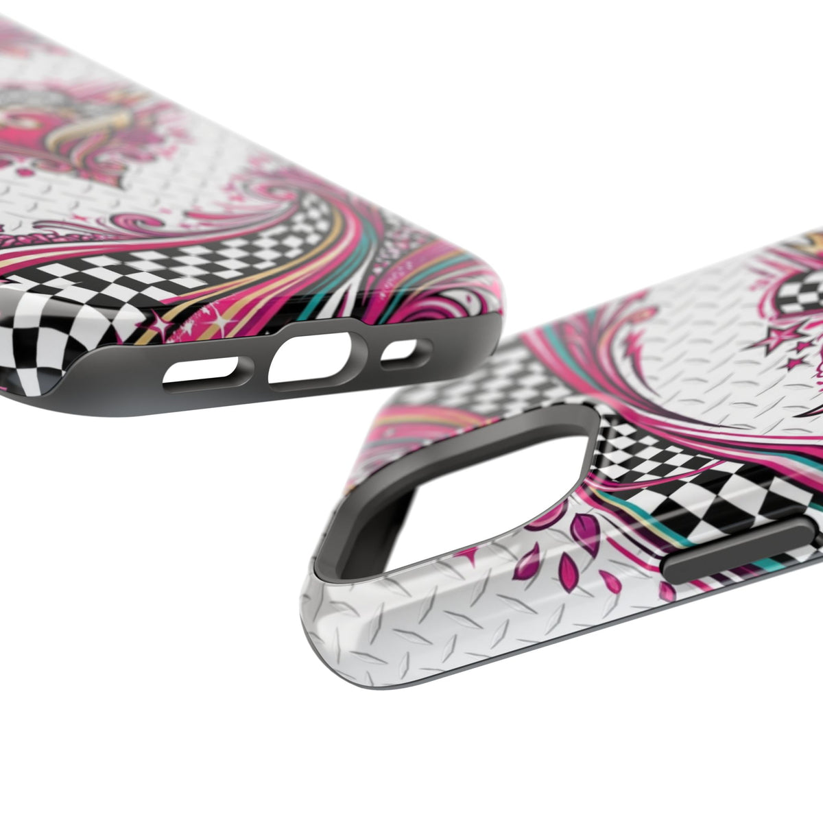 Magnetic Phone Case – Pink Paisley Heart & Checkerboard Design