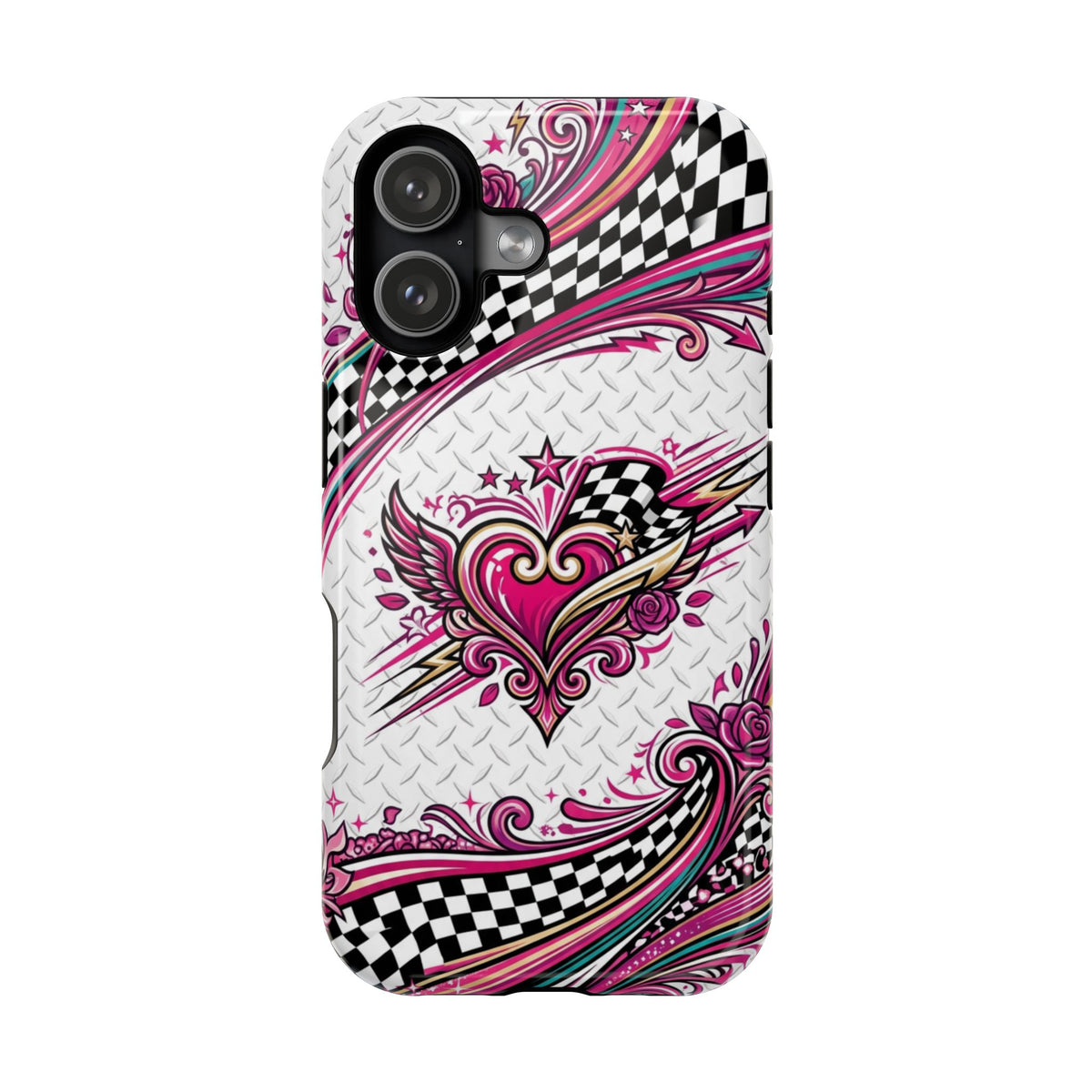 Magnetic Phone Case – Pink Paisley Heart & Checkerboard Design