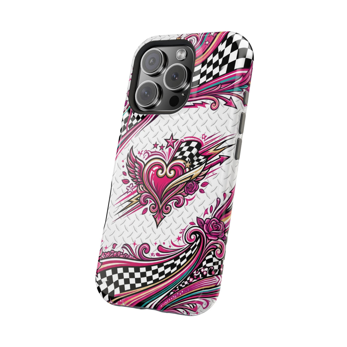 Magnetic Phone Case – Pink Paisley Heart & Checkerboard Design