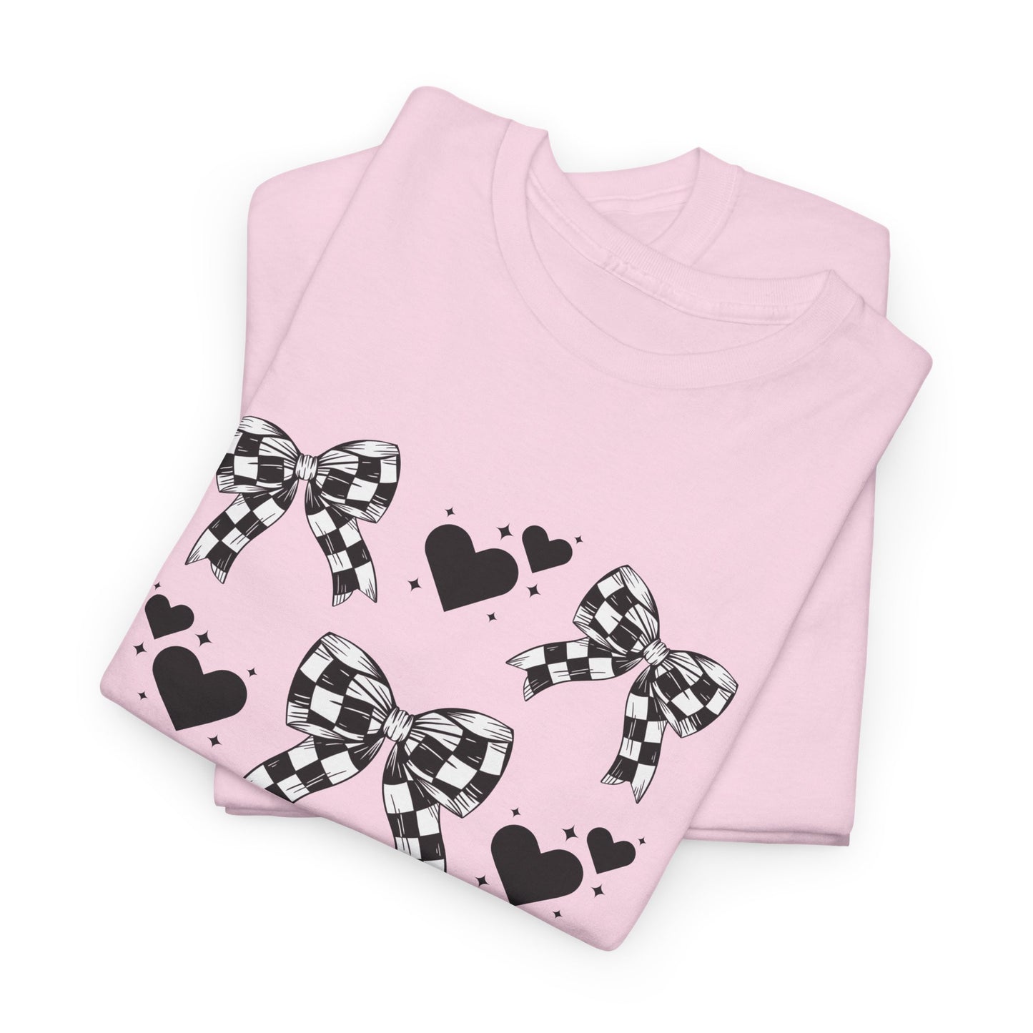 Checkered Flag Bows & Hearts Pattern Tee, Cute Graphic T-Shirt, Casual Wear, Gifts for Her, Everyday Style