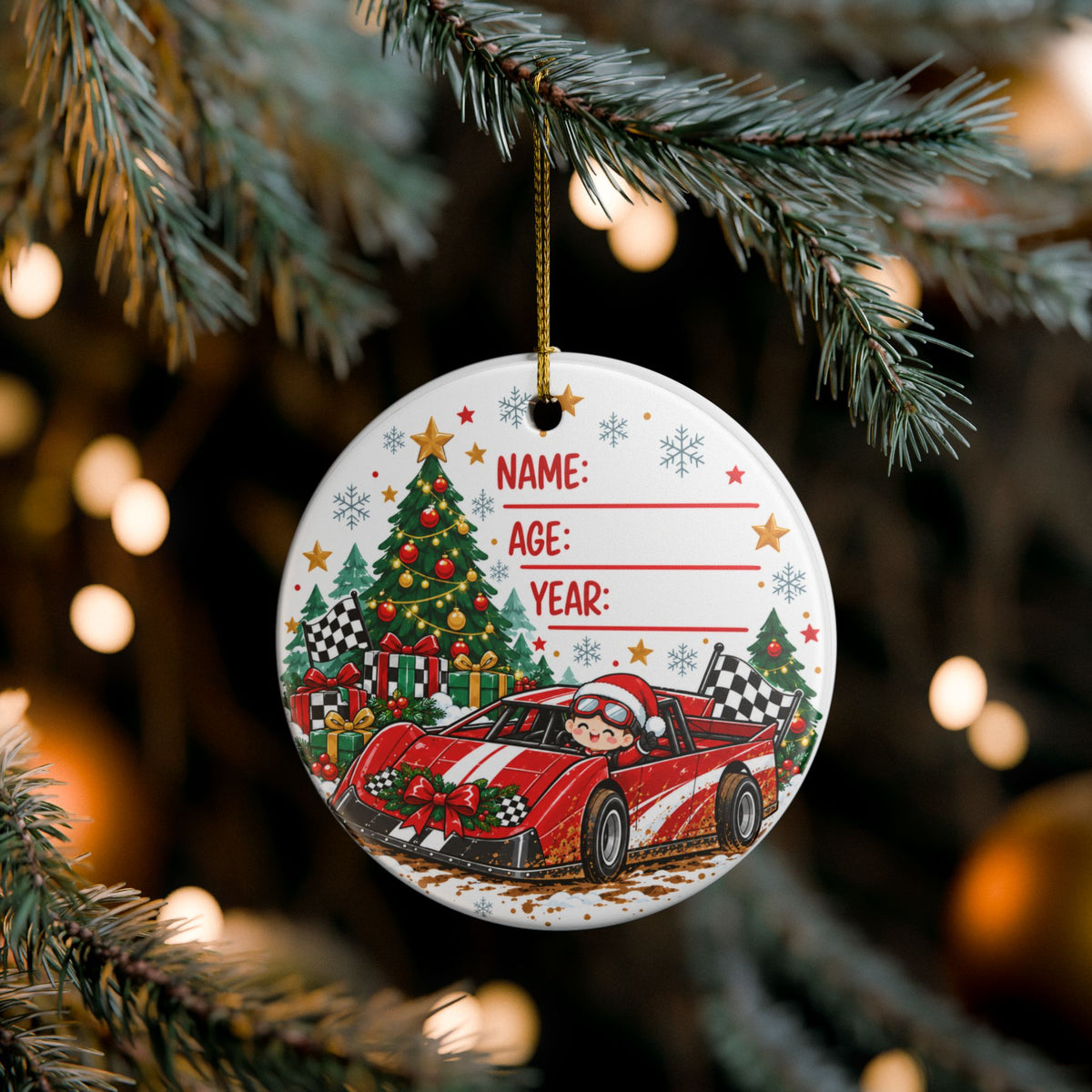 Late Model Race Car Christmas Racing Car Ceramic Ornament – Name, Age & Year