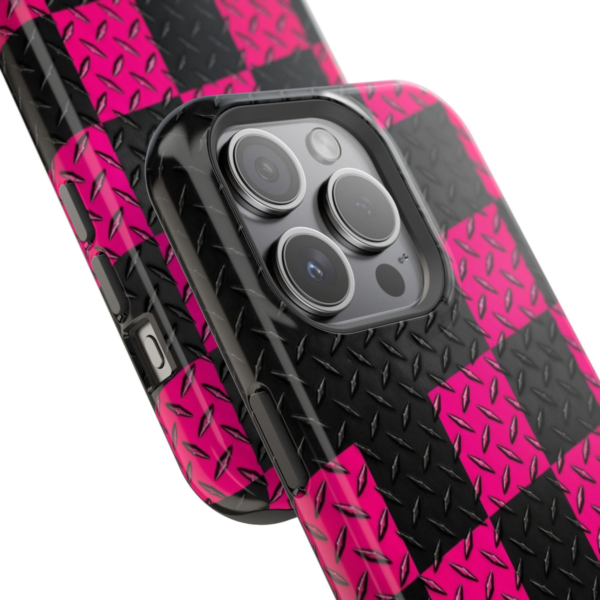 Hot Pink & Black Diamond Plate Checkered Magnetic Phone Case