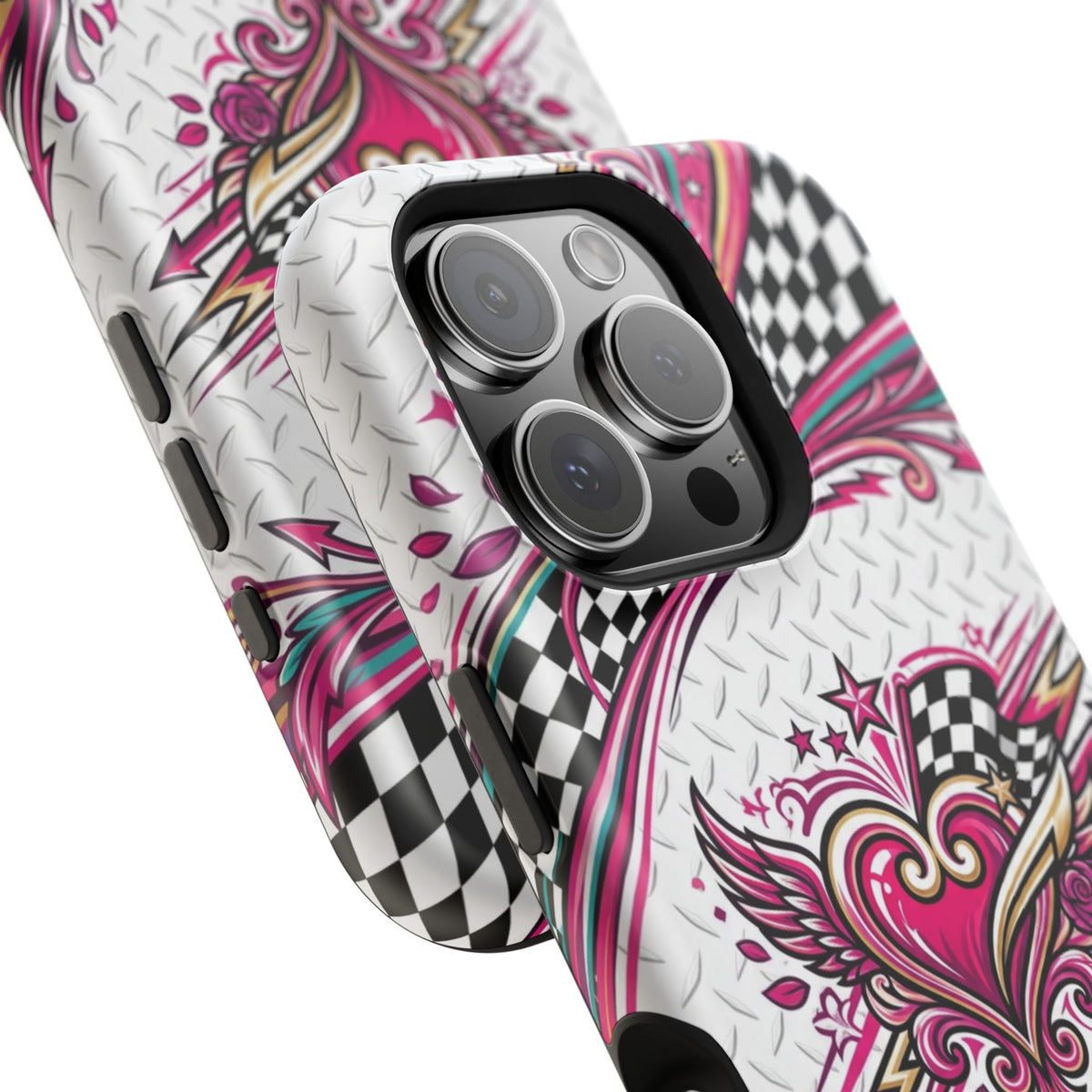 Magnetic Phone Case – Pink Paisley Heart & Checkerboard Design