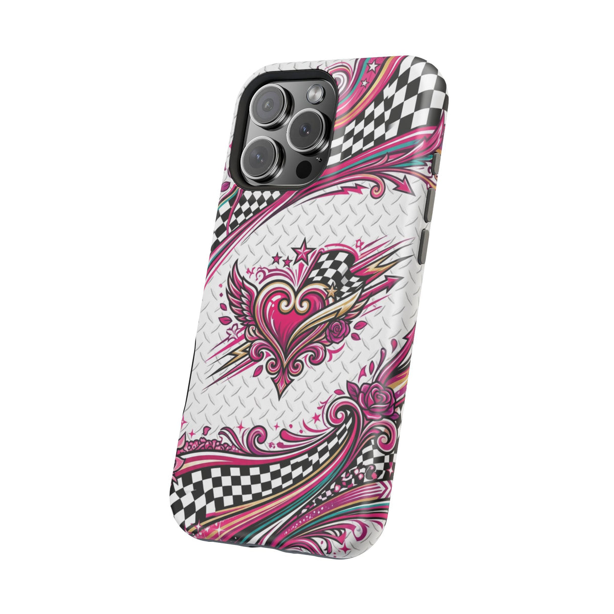 Magnetic Phone Case – Pink Paisley Heart & Checkerboard Design