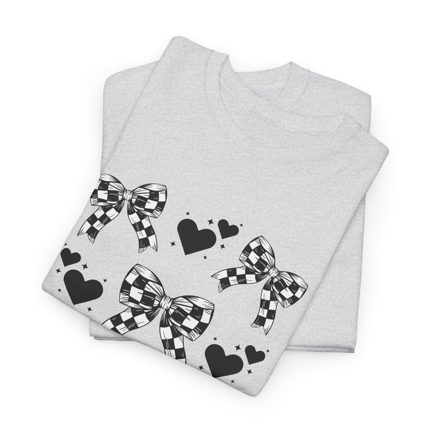 Checkered Flag Bows & Hearts Pattern Tee, Cute Graphic T-Shirt, Casual Wear, Gifts for Her, Everyday Style