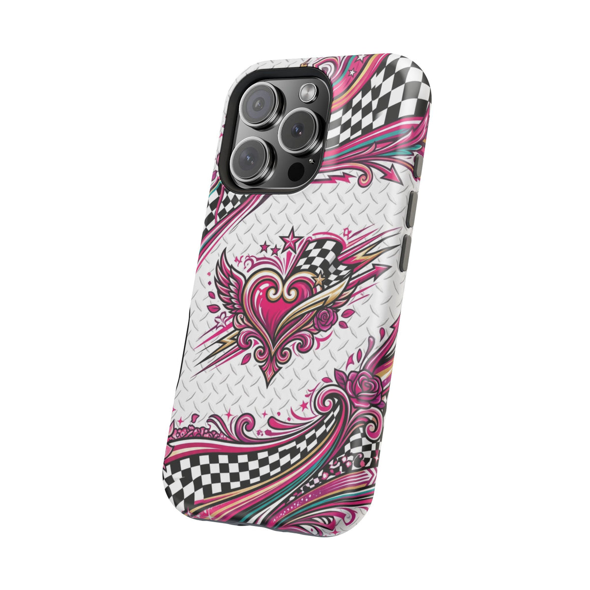 Magnetic Phone Case – Pink Paisley Heart & Checkerboard Design