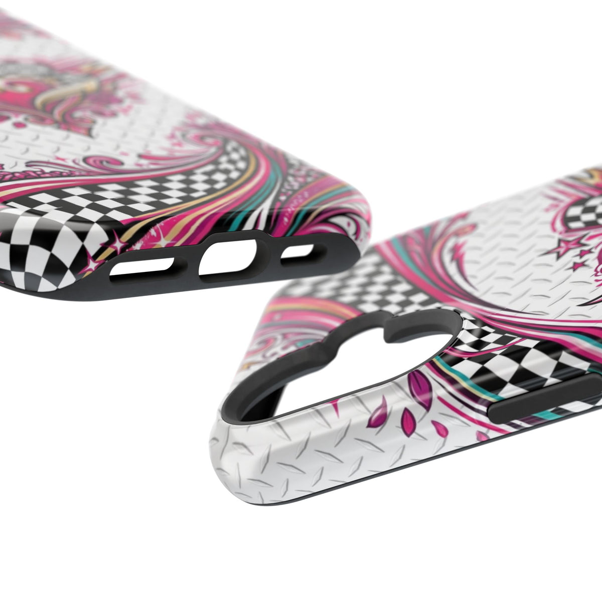 Magnetic Phone Case – Pink Paisley Heart & Checkerboard Design