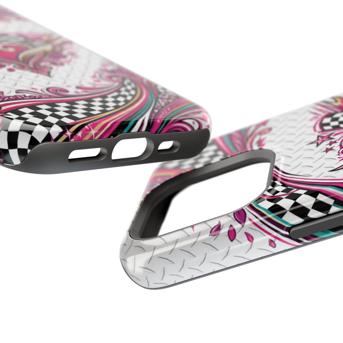 Magnetic Phone Case – Pink Paisley Heart & Checkerboard Design