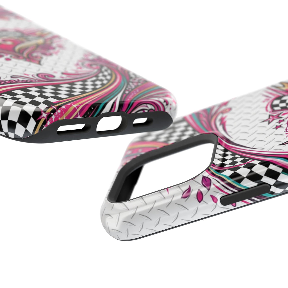 Magnetic Phone Case – Pink Paisley Heart & Checkerboard Design