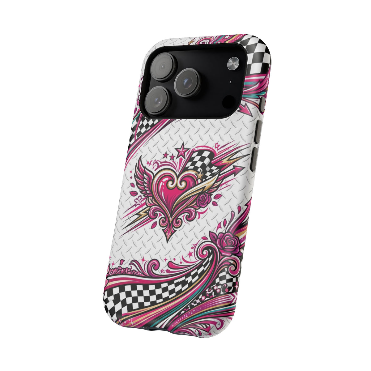 Magnetic Phone Case – Pink Paisley Heart & Checkerboard Design