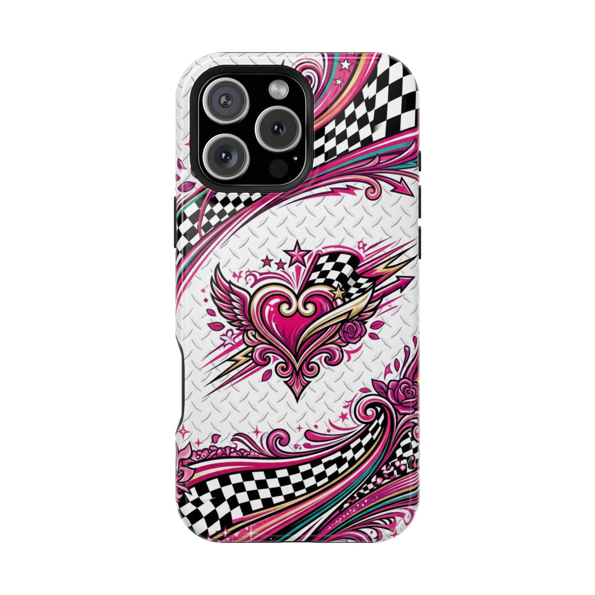 Magnetic Phone Case – Pink Paisley Heart & Checkerboard Design