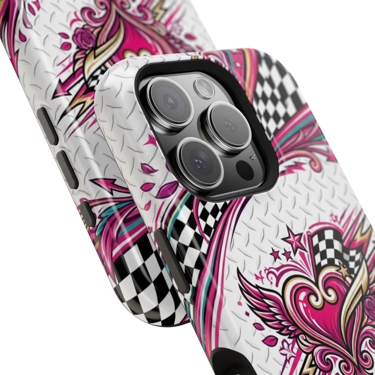 Magnetic Phone Case – Pink Paisley Heart & Checkerboard Design