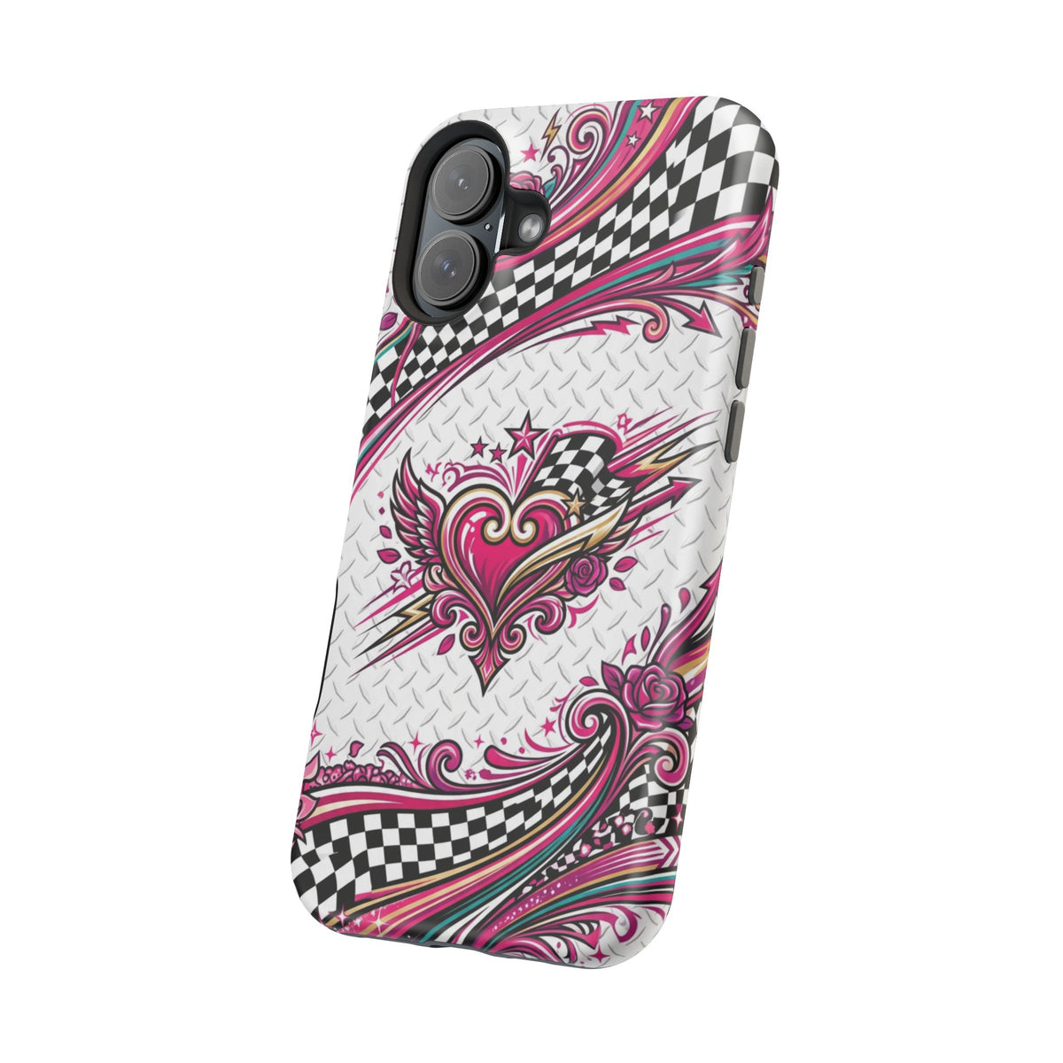 Magnetic Phone Case – Pink Paisley Heart & Checkerboard Design